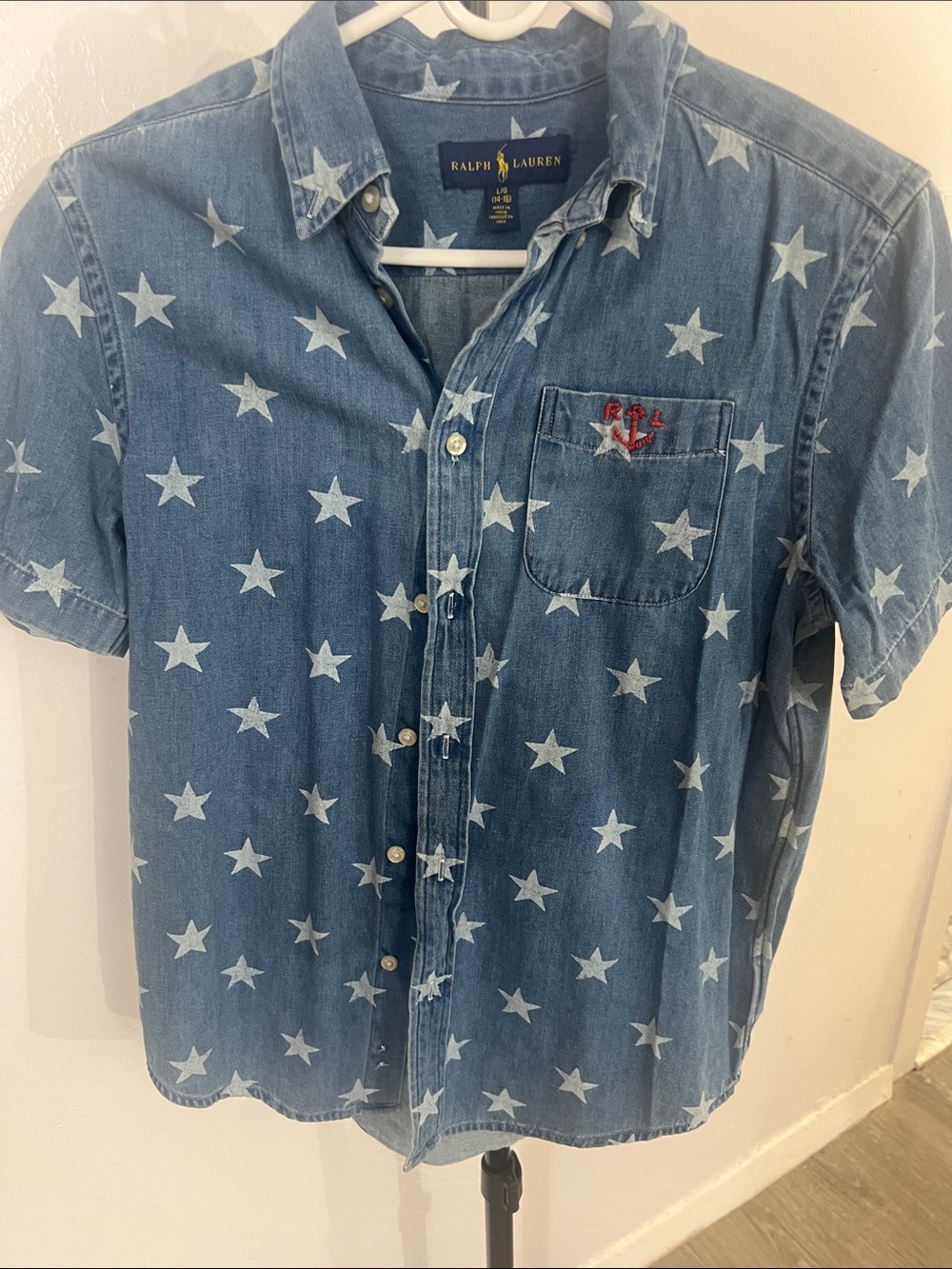 Ralph Lauren Blue Star-Print Short-Sleeve Denim Button-Down Shirt